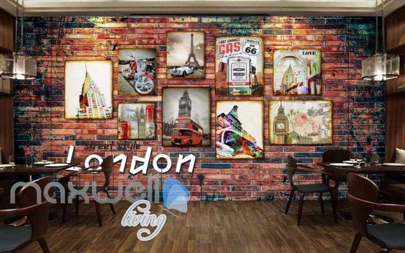 3d wallpaper with photo frames of london paris and route 66 Art Wall Murals Wallpaper Decals Prints Decor IDCWP-JB-000544