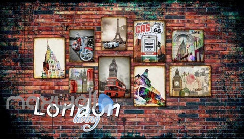 Image of 3d wallpaper with photo frames of london paris and route 66 Art Wall Murals Wallpaper Decals Prints Decor IDCWP-JB-000544