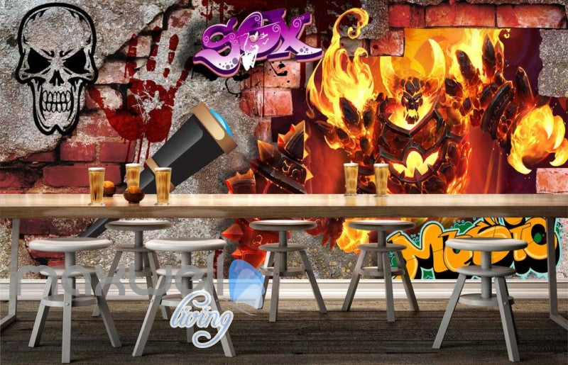 3d graphic design of fire wall with skull Art Wall Murals Wallpaper Decals Prints Decor IDCWP-JB-000548
