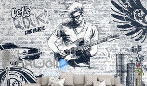 black and white wallpaper of man playing rock music with a guitar Art Wall Murals Wallpaper Decals Prints Decor IDCWP-JB-000552