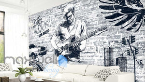 black and white wallpaper of man playing rock music with a guitar Art Wall Murals Wallpaper Decals Prints Decor IDCWP-JB-000552