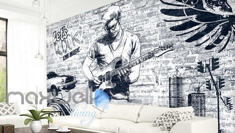 Image of black and white wallpaper of man playing rock music with a guitar Art Wall Murals Wallpaper Decals Prints Decor IDCWP-JB-000552
