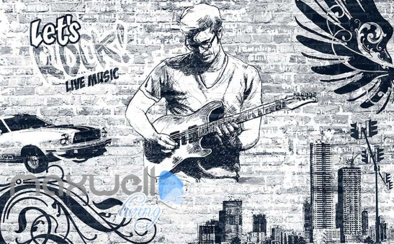 black and white wallpaper of man playing rock music with a guitar Art Wall Murals Wallpaper Decals Prints Decor IDCWP-JB-000552