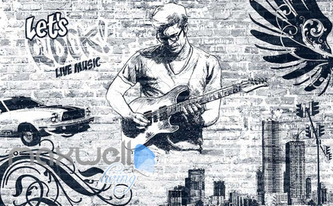 Image of black and white wallpaper of man playing rock music with a guitar Art Wall Murals Wallpaper Decals Prints Decor IDCWP-JB-000552