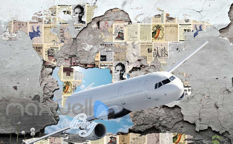 3d wallpaper of airplane braking old wall with newspaper Art Wall Murals Wallpaper Decals Prints Decor IDCWP-JB-000553
