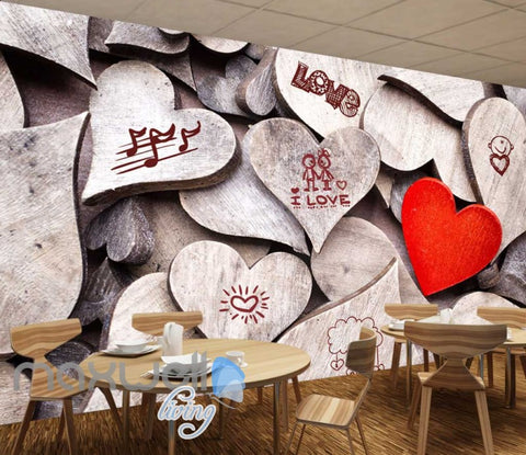 Image of 3d wallpaper of wooden hearts with drawings Art Wall Murals Wallpaper Decals Prints Decor IDCWP-JB-000556