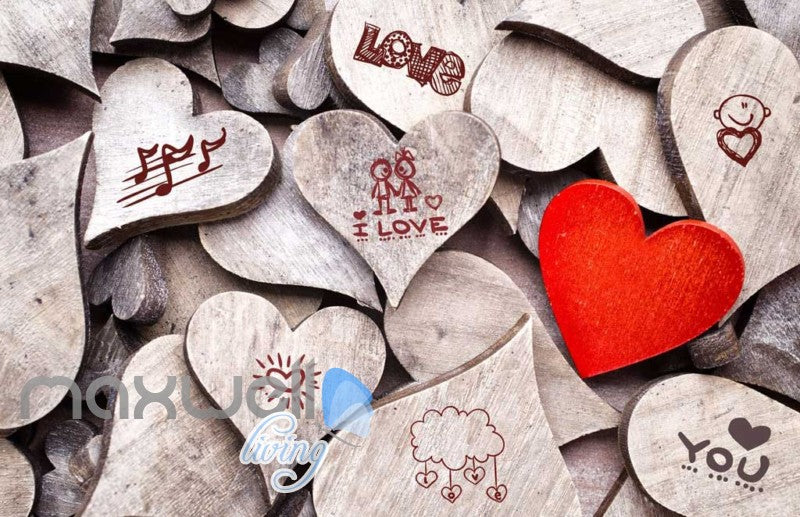 3d wallpaper of wooden hearts with drawings Art Wall Murals Wallpaper Decals Prints Decor IDCWP-JB-000556