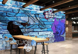 graphic wallpaper design of retro woman on a blue brick wall Art Wall Murals Wallpaper Decals Prints Decor IDCWP-JB-000564