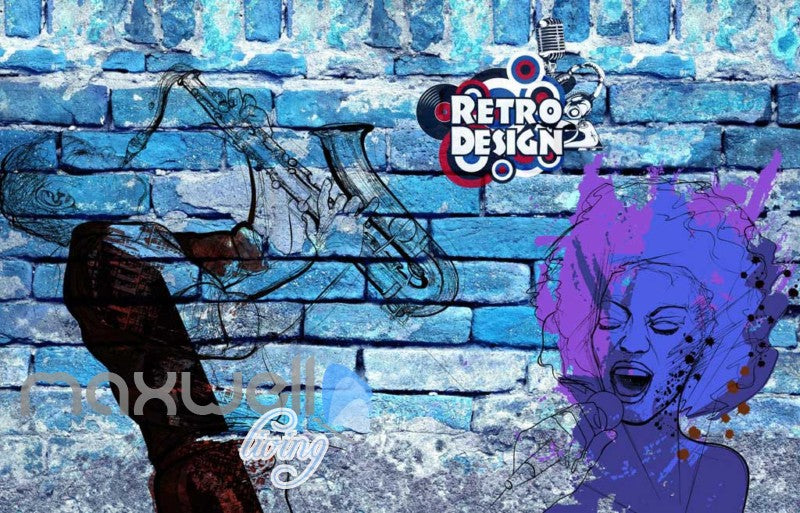 graphic wallpaper design of retro woman on a blue brick wall Art Wall Murals Wallpaper Decals Prints Decor IDCWP-JB-000564