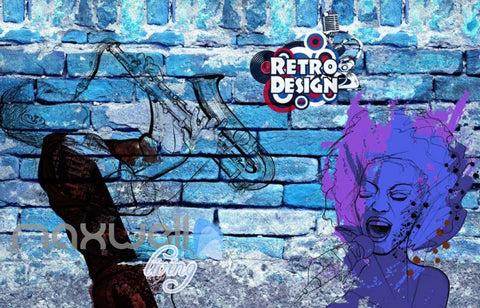 Image of graphic wallpaper design of retro woman on a blue brick wall Art Wall Murals Wallpaper Decals Prints Decor IDCWP-JB-000564