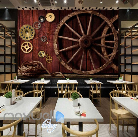 Image of 3d wallpaper with gears and wooden wheels on wooden wall Art Wall Murals Wallpaper Decals Prints Decor IDCWP-JB-000575