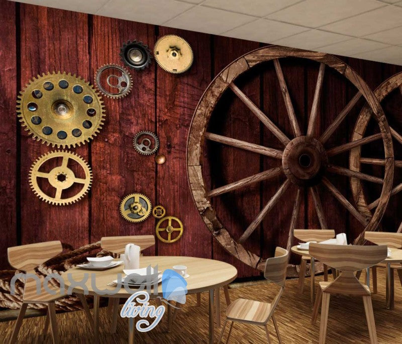 3d wallpaper with gears and wooden wheels on wooden wall Art Wall Murals Wallpaper Decals Prints Decor IDCWP-JB-000575