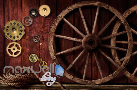 Image of 3d wallpaper with gears and wooden wheels on wooden wall Art Wall Murals Wallpaper Decals Prints Decor IDCWP-JB-000575