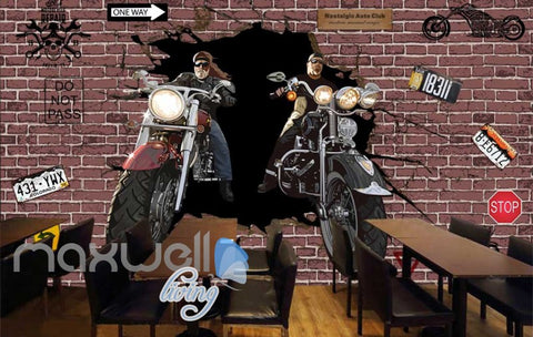 Image of 3d wallpaper with cartoon motorbikes breaking a red brick wall Art Wall Murals Wallpaper Decals Prints Decor IDCWP-JB-000599