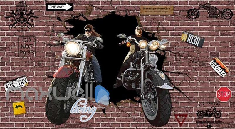 3d wallpaper with cartoon motorbikes breaking a red brick wall Art Wall Murals Wallpaper Decals Prints Decor IDCWP-JB-000599