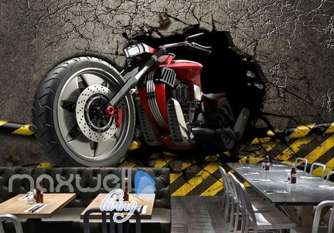 Image of 3d wallpaper graphic design red motorbike breaking wall Art Wall Murals Wallpaper Decals Prints Decor IDCWP-JB-000600