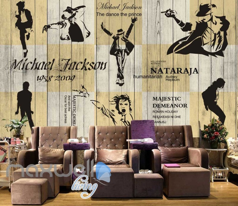 3d graphic wallpaper design of michale jackson silhouette dancing on a wooden wall Art Wall Murals Wallpaper Decals Prints Decor IDCWP-JB-000601