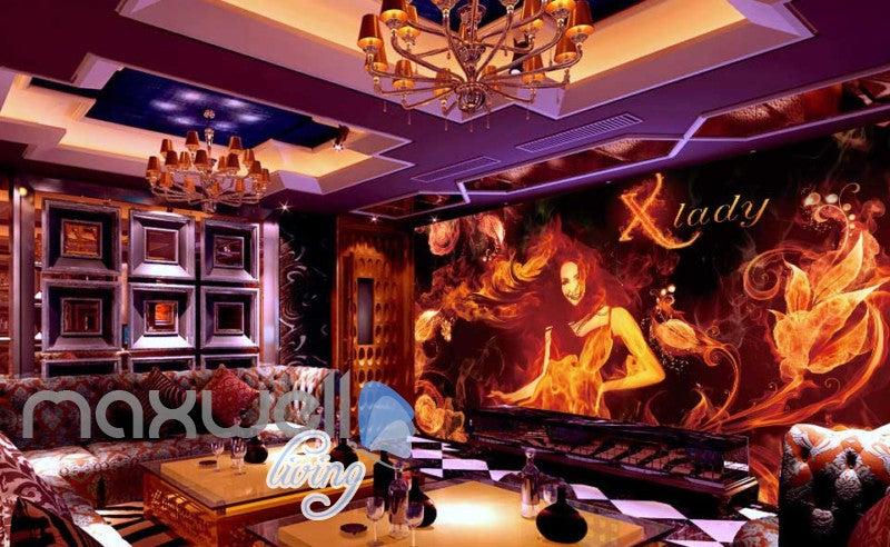 3d wallpaper with lady and fire for a ktv club room Art Wall Murals Wallpaper Decals Prints Decor IDCWP-JB-000602