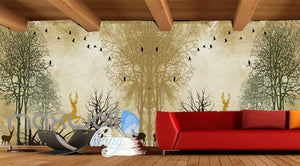 3d graphic wallpaper design of woods with trees and deers Art Wall Murals Wallpaper Decals Prints Decor IDCWP-JB-000603