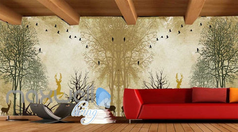 Image of 3d graphic wallpaper design of woods with trees and deers Art Wall Murals Wallpaper Decals Prints Decor IDCWP-JB-000603