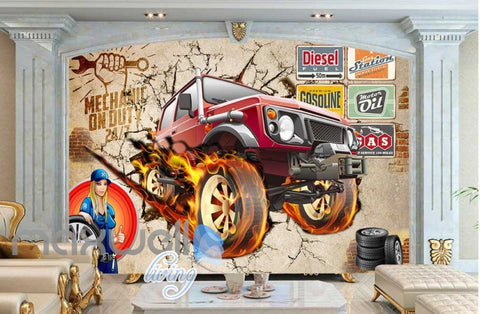 Image of 3d jeep breaking wall with wheels on fire wallpaper Art Wall Murals Wallpaper Decals Prints Decor IDCWP-JB-000607