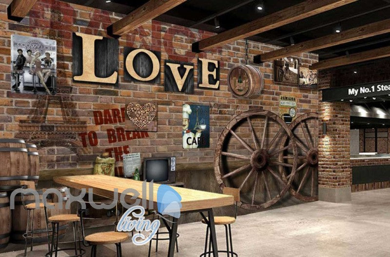 3d wallpaper barn brick wall with letters and wooden wheels Art Wall Murals Wallpaper Decals Prints Decor IDCWP-JB-000614