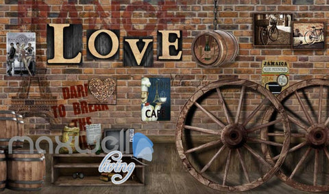 Image of 3d wallpaper barn brick wall with letters and wooden wheels Art Wall Murals Wallpaper Decals Prints Decor IDCWP-JB-000614