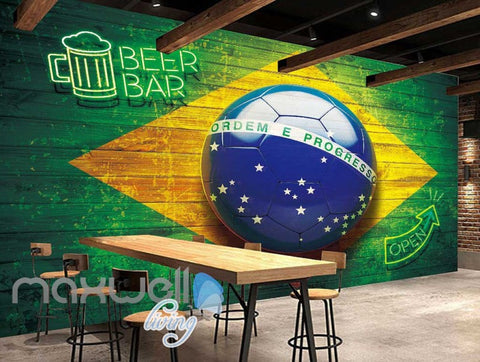 Image of 3d wallpaper futball ball with wooden wall brasil flag Art Wall Murals Wallpaper Decals Prints Decor IDCWP-JB-000617