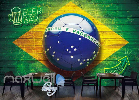 Image of 3d wallpaper futball ball with wooden wall brasil flag Art Wall Murals Wallpaper Decals Prints Decor IDCWP-JB-000617