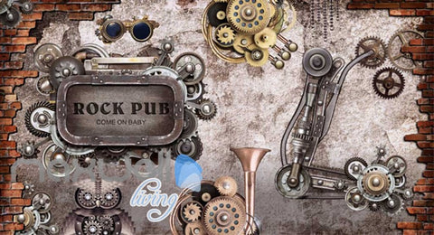 Image of retro wallpaper with gears and metal rock pub sign Art Wall Murals Wallpaper Decals Prints Decor IDCWP-JB-000646