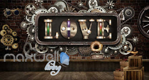 Metallic Gears On Brick Wall With Love Word Art Wall Murals Wallpaper Decals Prints Decor IDCWP-JB-000651