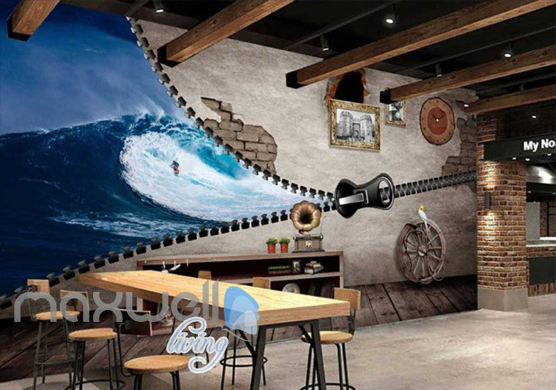 3D Zipper On Wall Half Beach And Half Living Room Wall Art Wall Murals Wallpaper Decals Prints Decor IDCWP-JB-000652