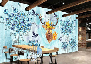 Vintage Painting Of Blue Flowers And A Brown Deer Head Art Wall Murals Wallpaper Decals Prints Decor IDCWP-JB-000655
