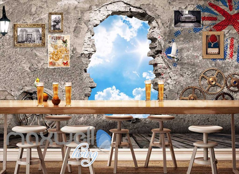 3D Hole On Cement Wall With Gears And Frames Looking A Blue Sky Art Wall Murals Wallpaper Decals Prints Decor IDCWP-JB-000659