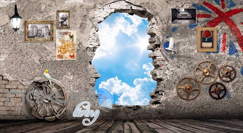 Image of 3D Hole On Cement Wall With Gears And Frames Looking A Blue Sky Art Wall Murals Wallpaper Decals Prints Decor IDCWP-JB-000659