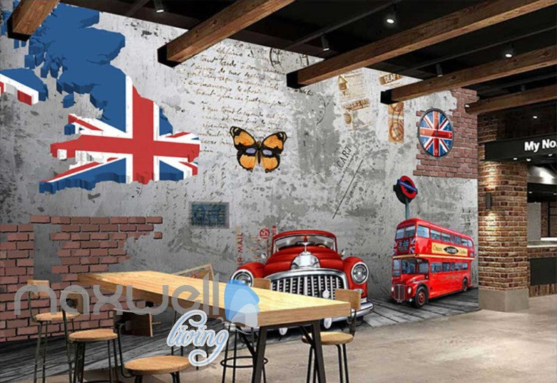 3D Vintage Old Read Car Red London Bus Cement Wall With Some Bricks Art Wall Murals Wallpaper Decals Prints Decor IDCWP-JB-000660
