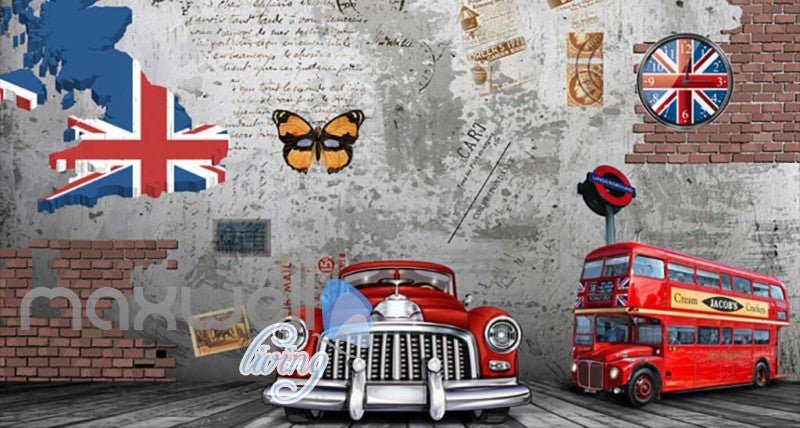 3D Vintage Old Read Car Red London Bus Cement Wall With Some Bricks Art Wall Murals Wallpaper Decals Prints Decor IDCWP-JB-000660