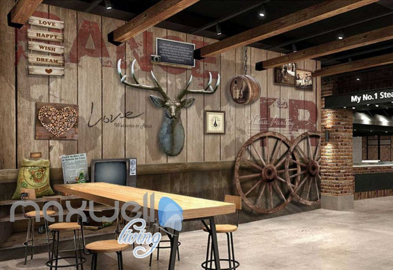 Rustic Barn With Wood On Wall Dear Head And Two Big Wooden Wheels Art Wall Murals Wallpaper Decals Prints Decor IDCWP-JB-000663