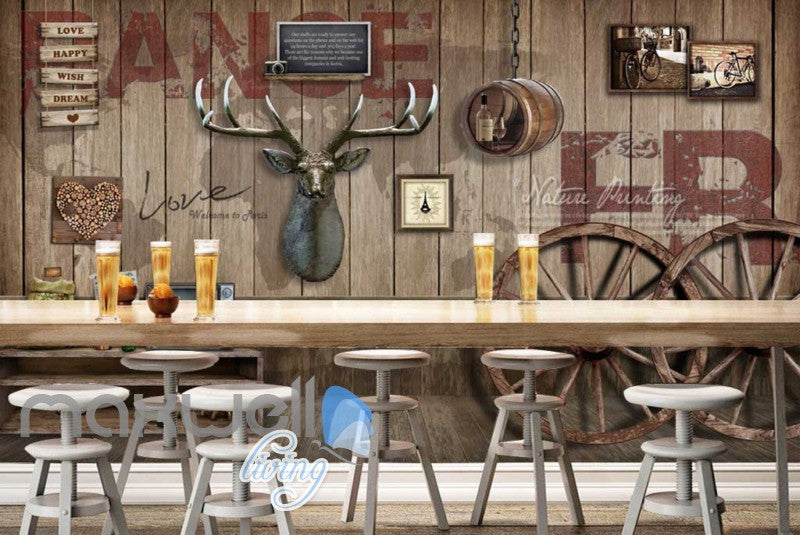 Rustic Barn With Wood On Wall Dear Head And Two Big Wooden Wheels Art Wall Murals Wallpaper Decals Prints Decor IDCWP-JB-000663