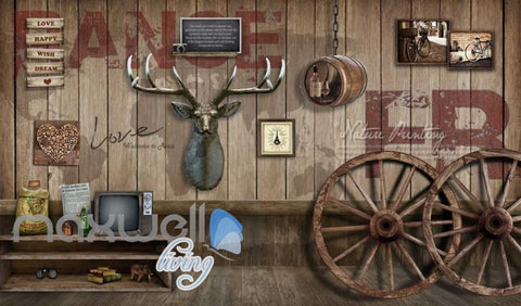 Image of Rustic Barn With Wood On Wall Dear Head And Two Big Wooden Wheels Art Wall Murals Wallpaper Decals Prints Decor IDCWP-JB-000663