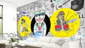Graphic Design 3D Cartoon Dj Dog With Sunglasses Headphones And A Horse Playing Drums And Zebbra Playing Piano Art Wall Murals Wallpaper Decals Prints Decor IDCWP-JB-000665