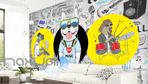 Image of Graphic Design 3D Cartoon Dj Dog With Sunglasses Headphones And A Horse Playing Drums And Zebbra Playing Piano Art Wall Murals Wallpaper Decals Prints Decor IDCWP-JB-000665