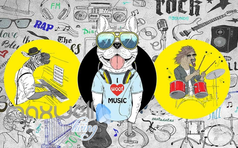 Graphic Design 3D Cartoon Dj Dog With Sunglasses Headphones And A Horse Playing Drums And Zebbra Playing Piano Art Wall Murals Wallpaper Decals Prints Decor IDCWP-JB-000665