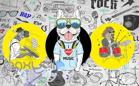 Image of Graphic Design 3D Cartoon Dj Dog With Sunglasses Headphones And A Horse Playing Drums And Zebbra Playing Piano Art Wall Murals Wallpaper Decals Prints Decor IDCWP-JB-000665