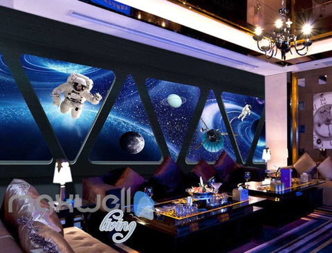 Image of 3D View Of Space Astronauts Moon Planets From Triangle Shape Windows Of Spaceship Art Wall Murals Wallpaper Decals Prints Decor IDCWP-JB-000669