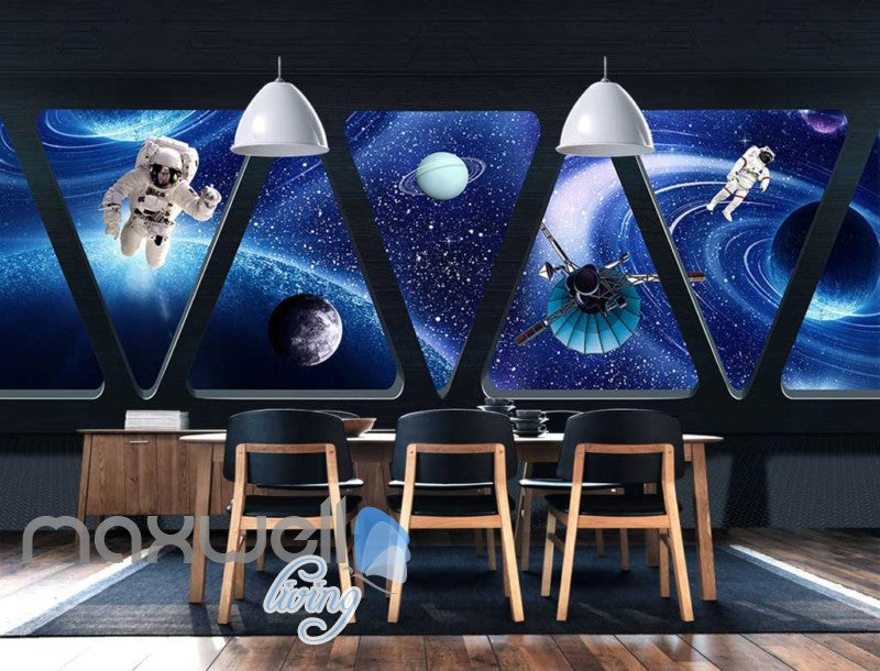 3D View Of Space Astronauts Moon Planets From Triangle Shape Windows Of Spaceship Art Wall Murals Wallpaper Decals Prints Decor IDCWP-JB-000669