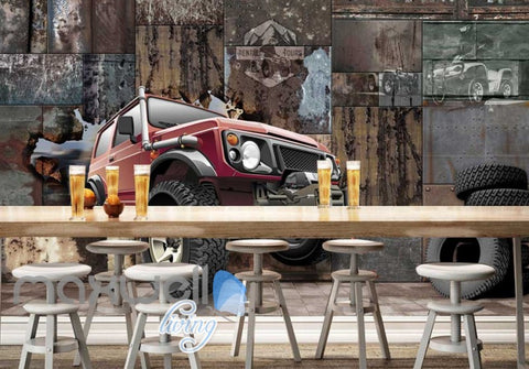 Image of 3D Jeep Breaking Through Metal Block Art Wall Murals Wallpaper Decals Prints Decor IDCWP-JB-000672