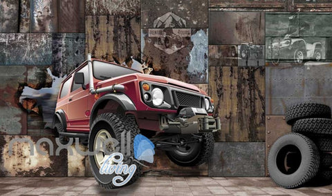 Image of 3D Jeep Breaking Through Metal Block Art Wall Murals Wallpaper Decals Prints Decor IDCWP-JB-000672