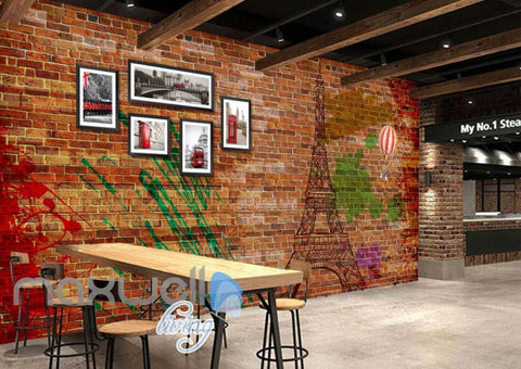 Image of Brick Wall With Eiffel Tower And London Photographs Art Wall Murals Wallpaper Decals Prints Decor IDCWP-JB-000706