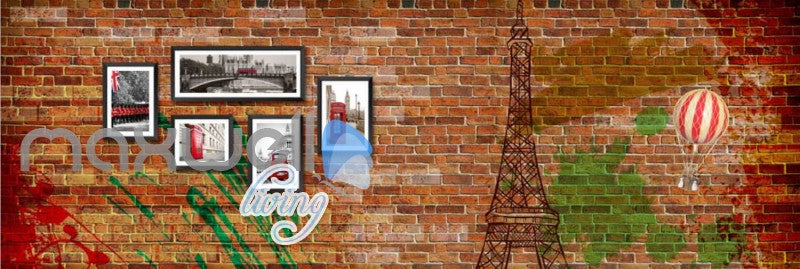 Brick Wall With Eiffel Tower And London Photographs Art Wall Murals Wallpaper Decals Prints Decor IDCWP-JB-000706